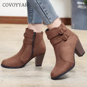 COVOYYAR 2020 Double Buckle FootwaerSoft Leather Woman Boots Autumn Winter Shoes Women Block Heel Flock Short Ankle Boots Lady Casual Shoes WBS006