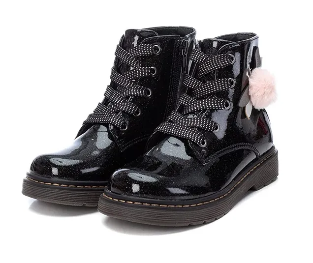 Girls XTI Boots Black Glitter Faux Patent Ankle Inside Zip 5 Eyelet 150212 sale