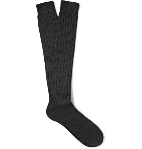 Grey Ribbed Knee - Length 100% Cashmere Socks