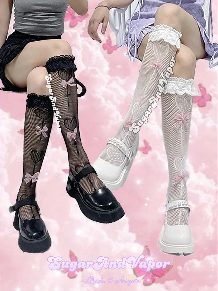 Heart Lollipops Kawaii Knee-High Fishnet Stockings