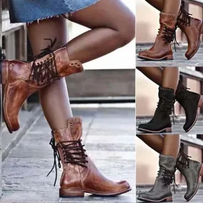 Lace Up Mid Calf Boots Brown Beige Gray Or Black Womens Vegan Leather Bohemian Winter Stylish Boots Great For Festivals Biker Chicks Sizes 4.5 - 8.5