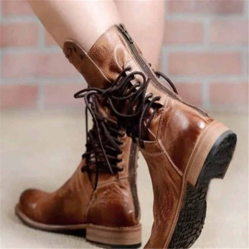 Lace Up Mid Calf Boots Brown Beige Gray Or Black Womens Vegan Leather Bohemian Winter Stylish Boots Great For Festivals Biker Chicks Sizes 4.5 - 8.5