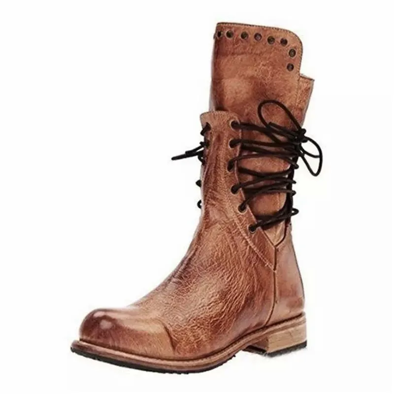 Lace Up Mid Calf Boots Brown Beige Gray Or Black Womens Vegan Leather Bohemian Winter Stylish Boots Great For Festivals Biker Chicks Sizes 4.5 - 8.5