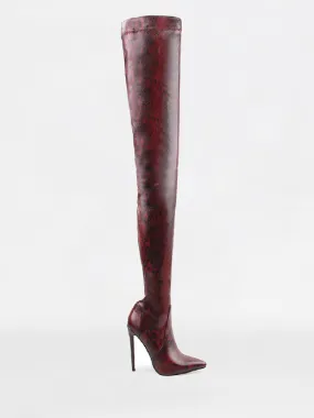 Red Python Lycra Stiletto Thigh High Boots