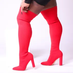 Red Thigh High Knit Sock Block Heel Boot